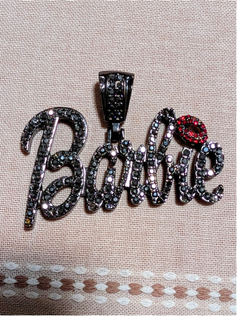 Y2K Barbie Script Rhinestone Pendant Gunmetal Barbiecore Necklace Charm McBling